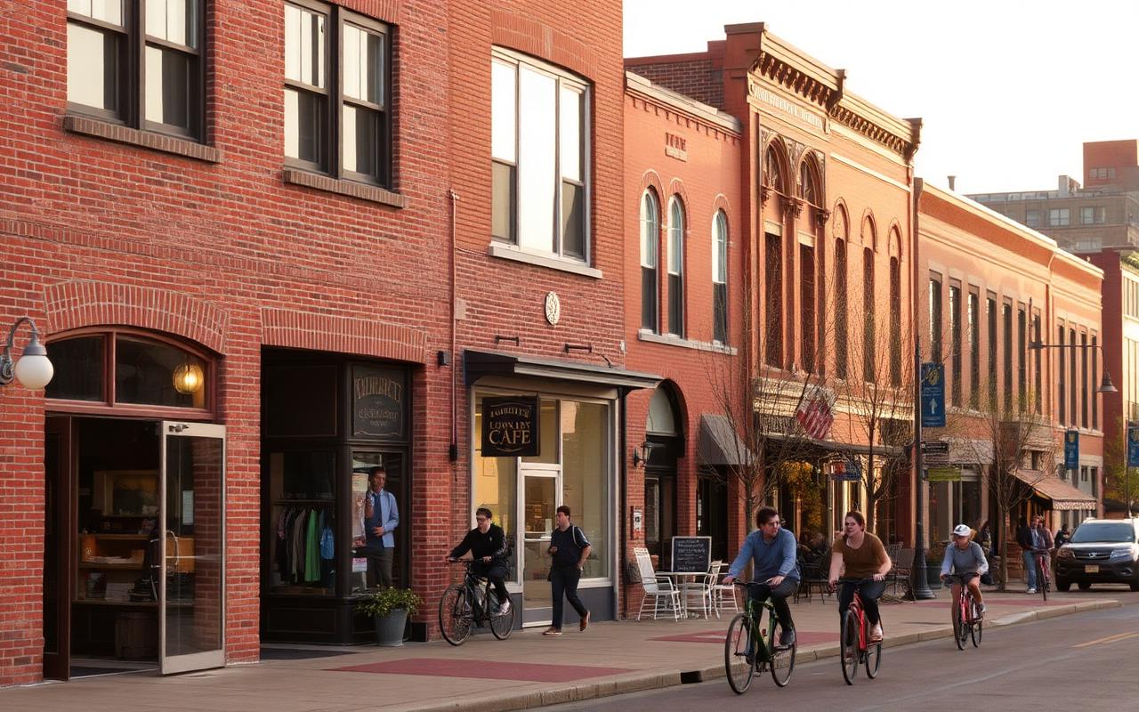 A brick college-town street in Dinkytown near the University of Minnesota with cafés and cyclists in afternoon light.