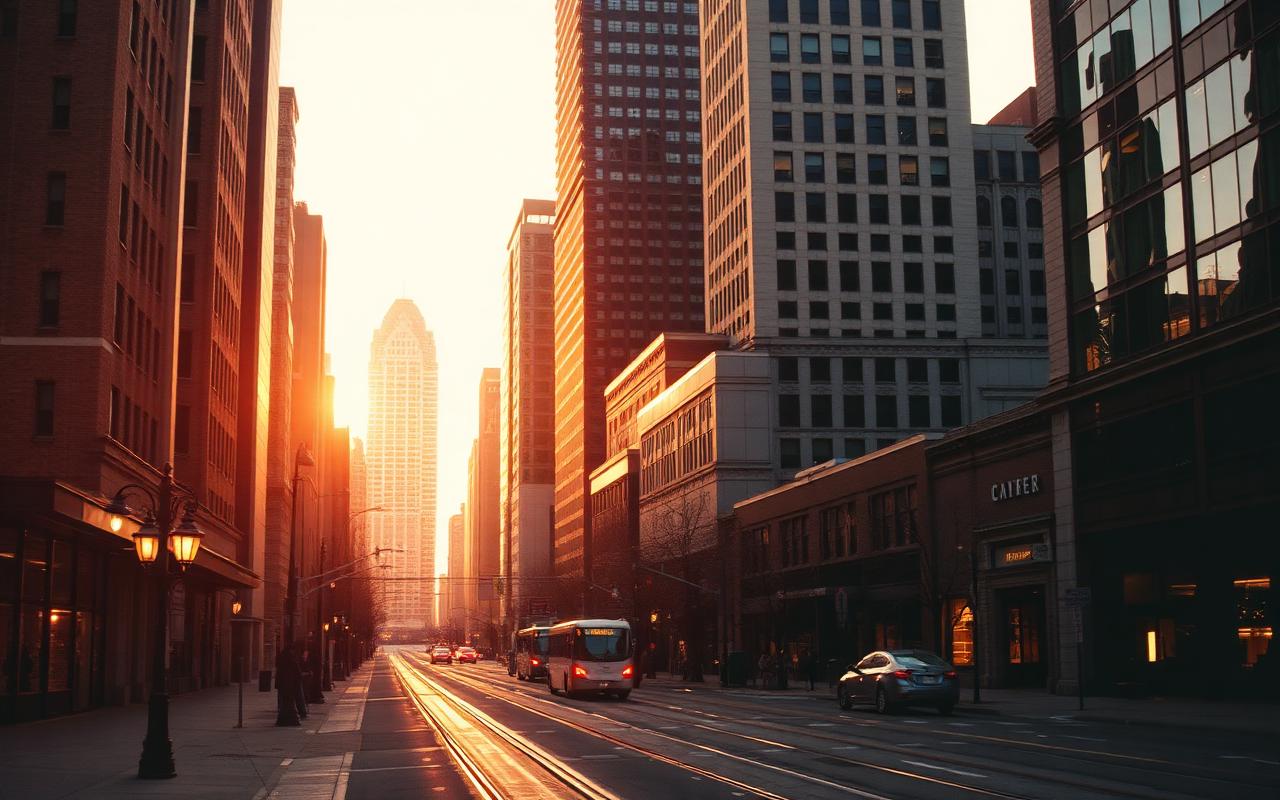 A downtown Minneapolis street at golden hour with tall buildings, a light rail line, and warm street lights.