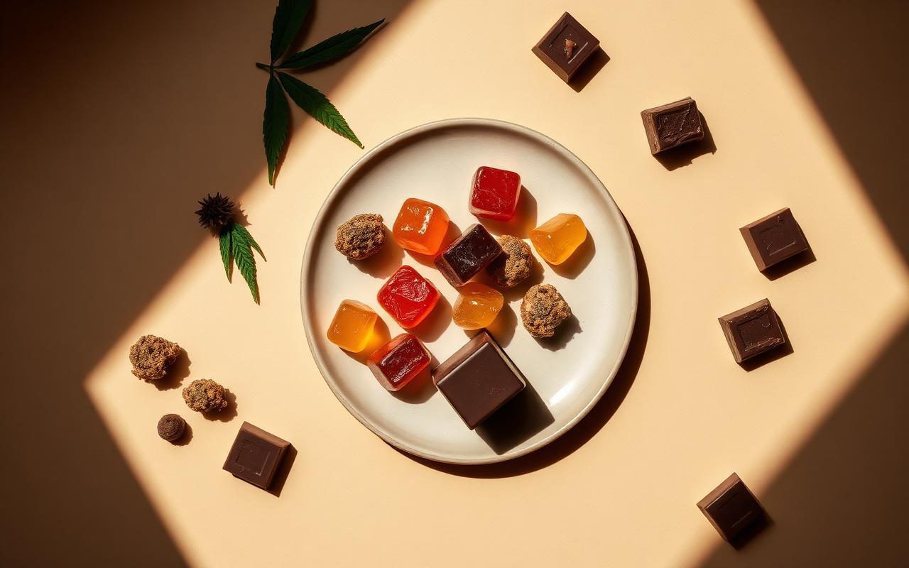 A ceramic plate of colorful cannabis gummies and chocolate squares in warm directional light.