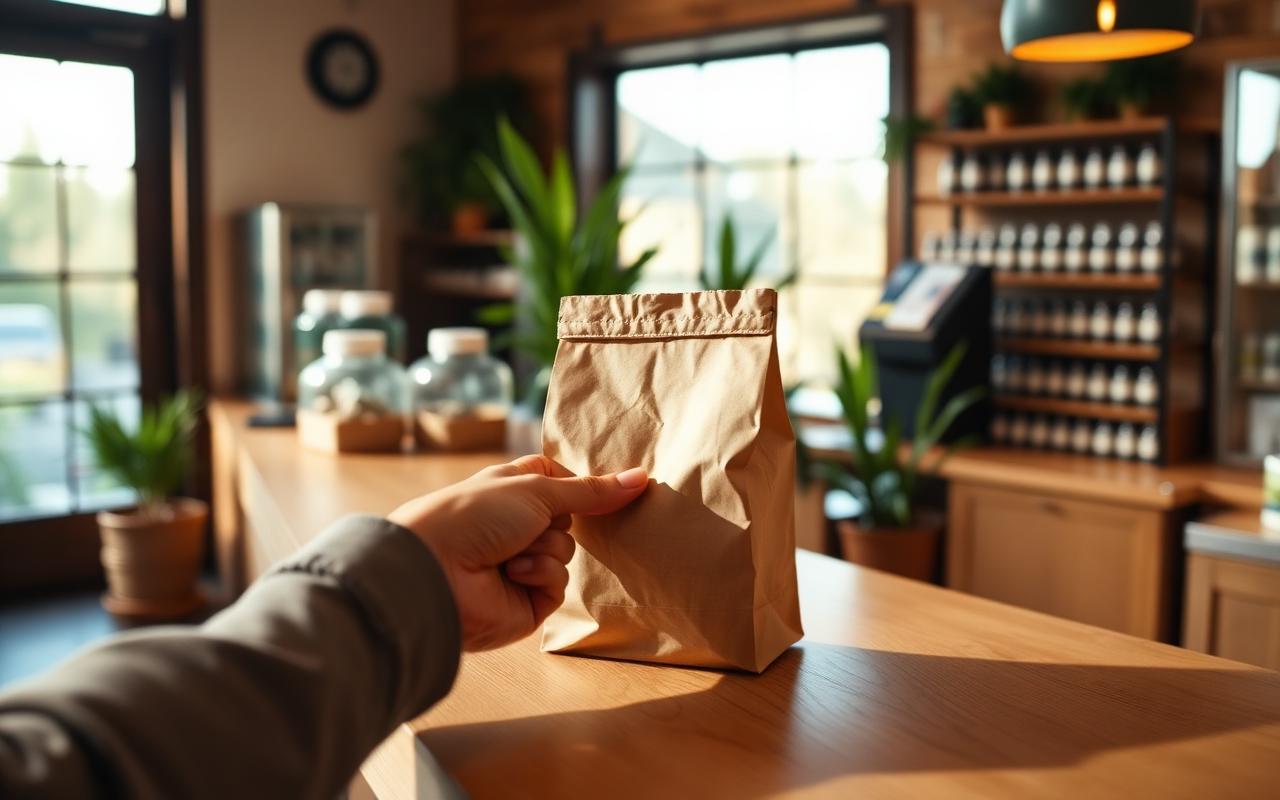 A customer's hands receiving a plain kraft-paper bag across a warm oak dispensary counter.