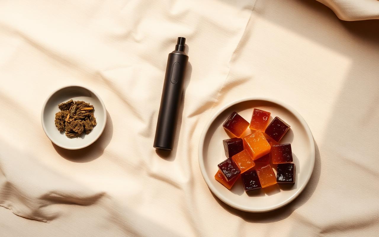 A minimalist flat-lay of dried flower in a dish, a matte vaporizer pen, and gummies on a ceramic plate.