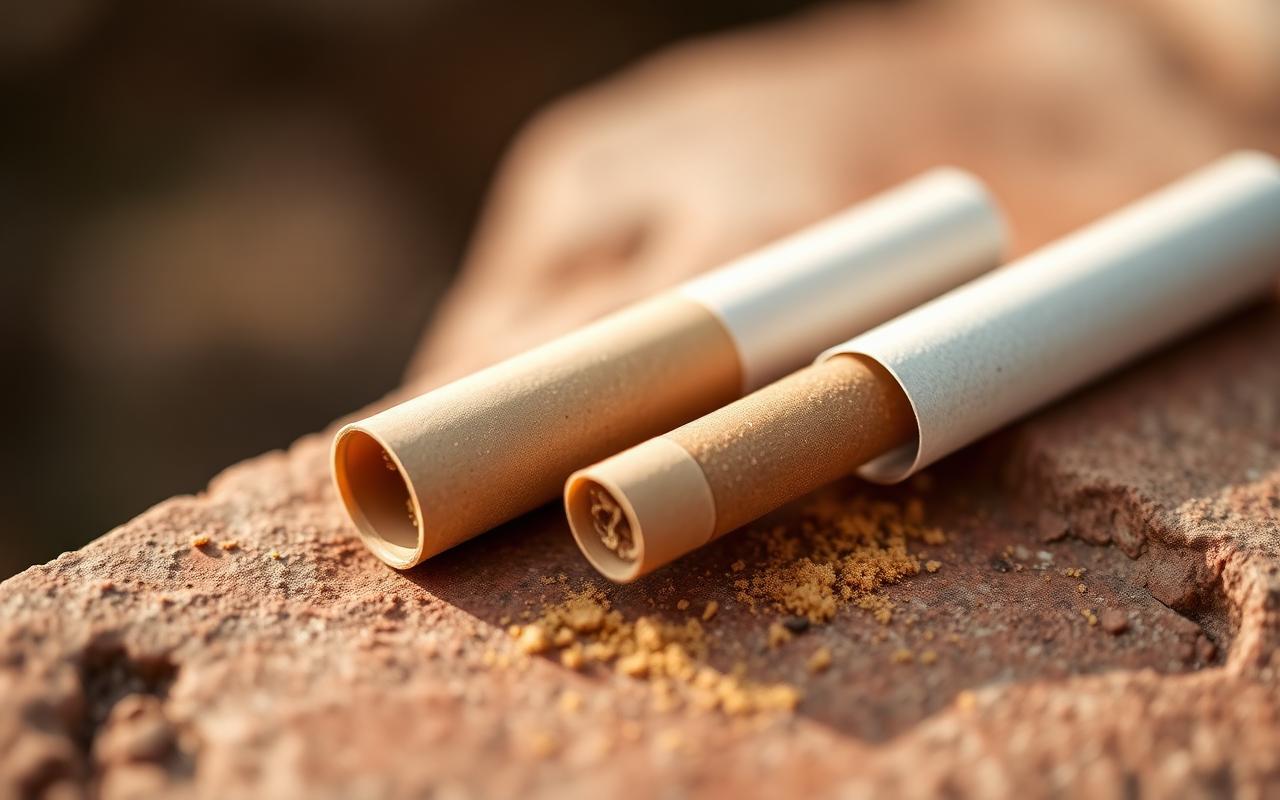 A close-up of two artisanal pre-rolls dusted with golden kief resting on a warm stone surface.