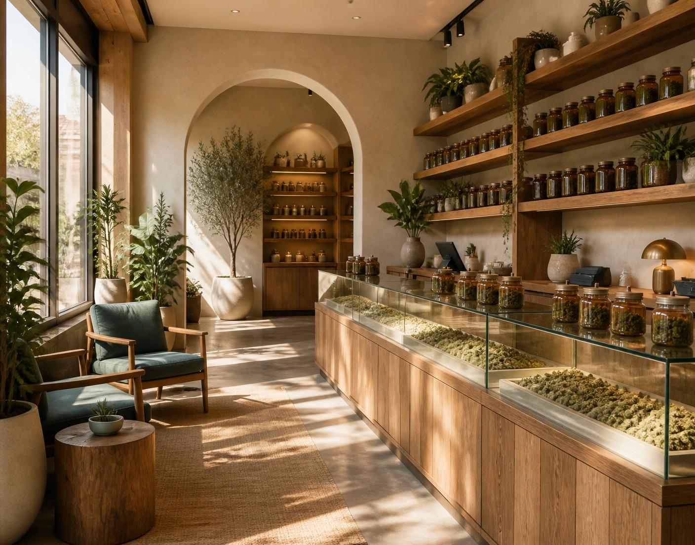 Warm, sunlit interior of the Easy Greens dispensary with oak shelving and amber glass jars