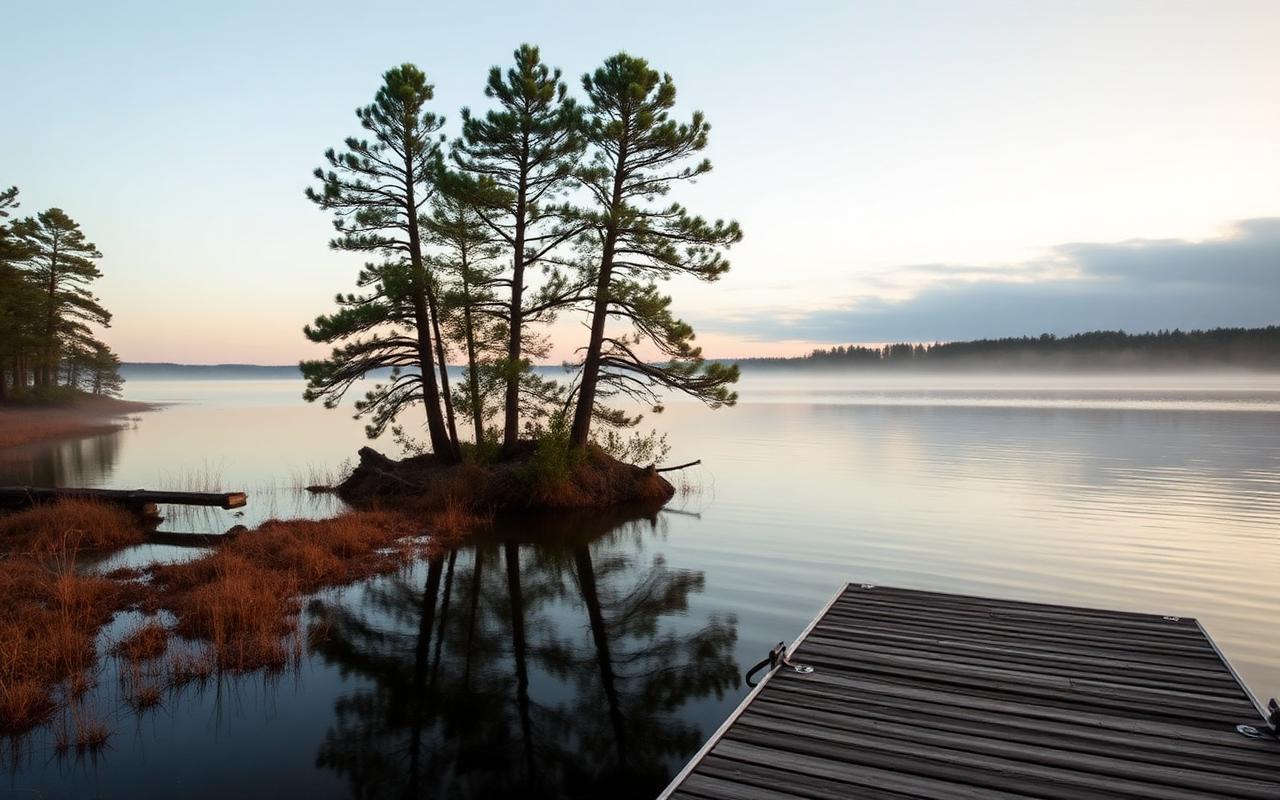 A calm Minnesota lakeside at dawn with pine trees, still water, and a wooden dock.