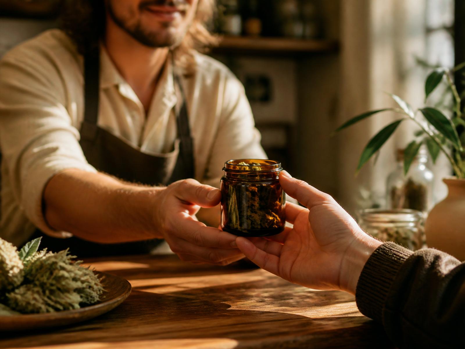 A budtender handing a jar of cannabis flower across a warm oak counter to a customer