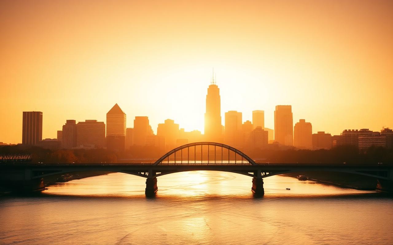 The Minneapolis skyline glowing at golden hour beyond the Stone Arch Bridge and the Mississippi River.