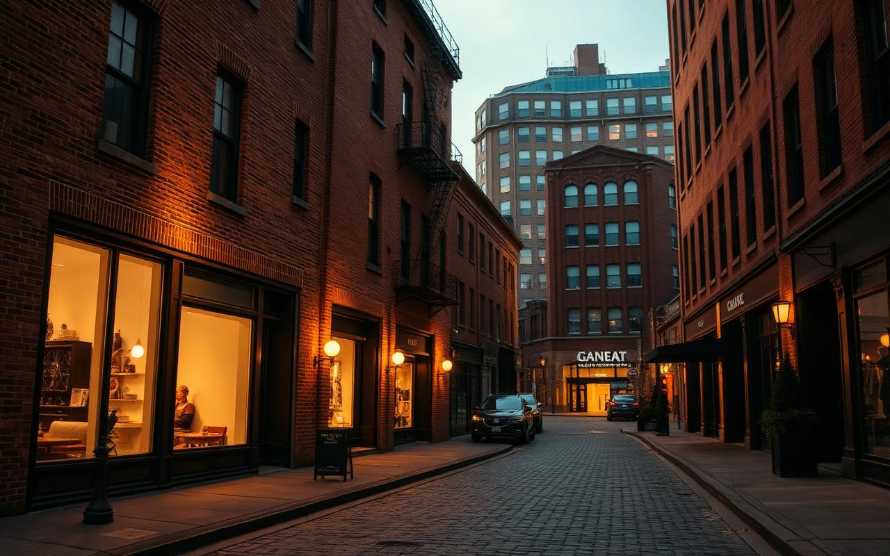 A cobblestone North Loop street lined with restored brick warehouses and boutique storefronts at dusk.