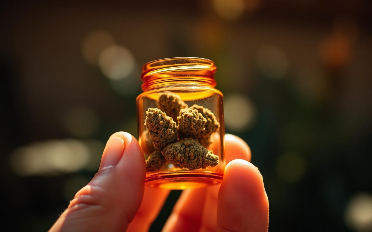 A hand holding a small amber glass jar of cannabis flower in warm backlight.