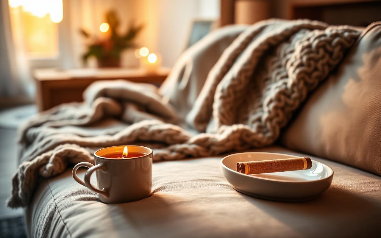A cozy living room at golden hour with a lit candle, a mug of tea, a wool blanket, and a pre-roll in a ceramic dish.