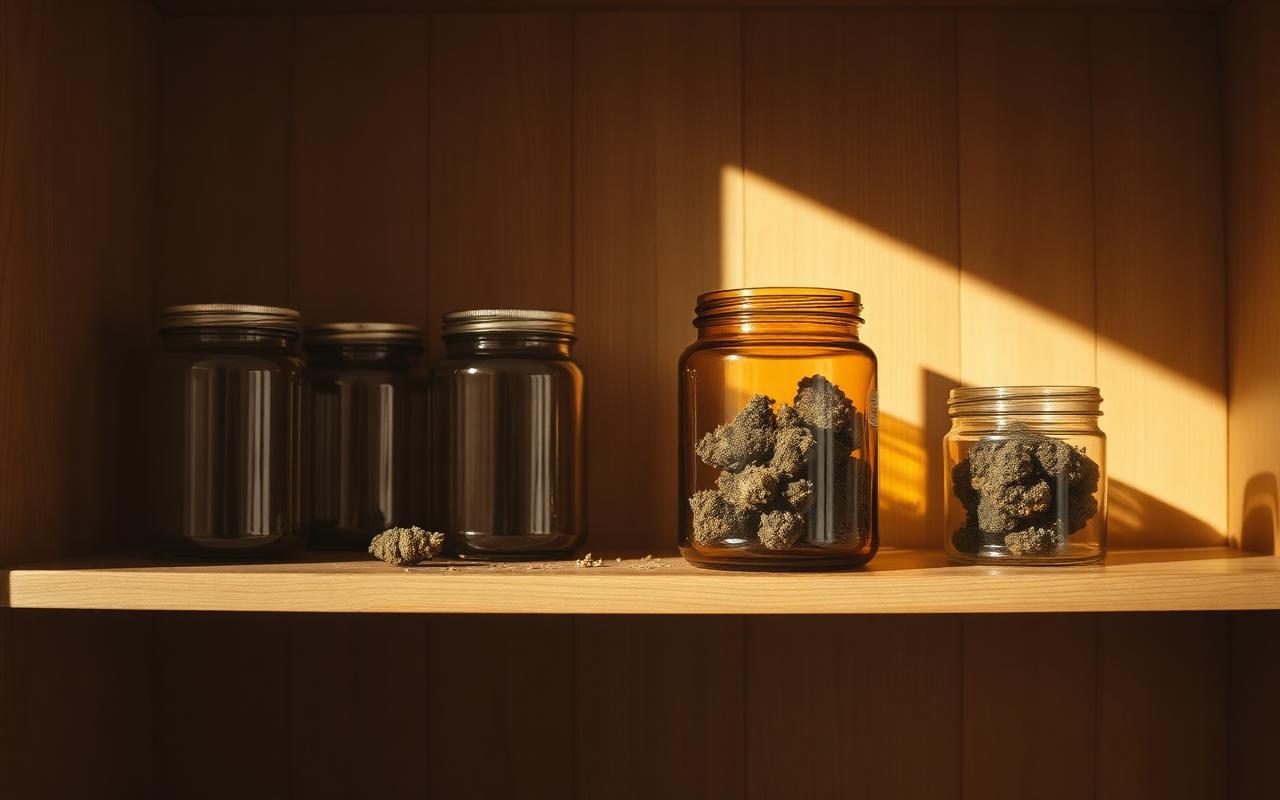 Amber glass storage jars of cannabis flower on a warm wooden shelf lit by a soft shaft of light.