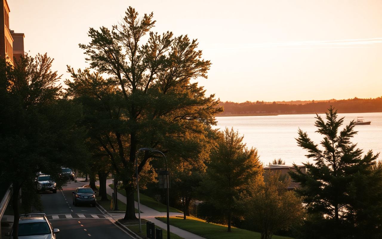 A tree-lined Uptown Minneapolis street at golden hour overlooking a calm lake.